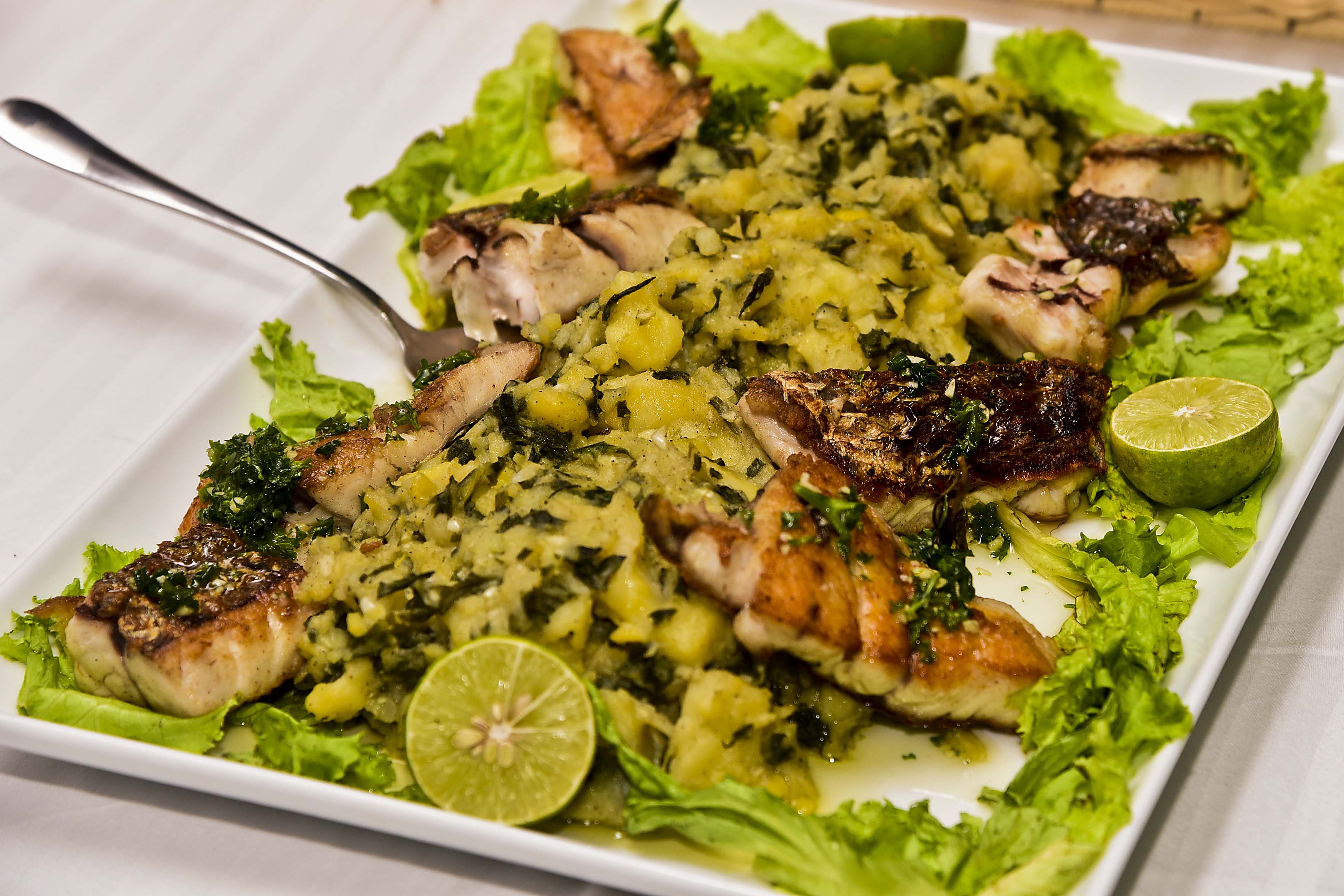 Sea Fish with Mediterranean Potato salad with spinach